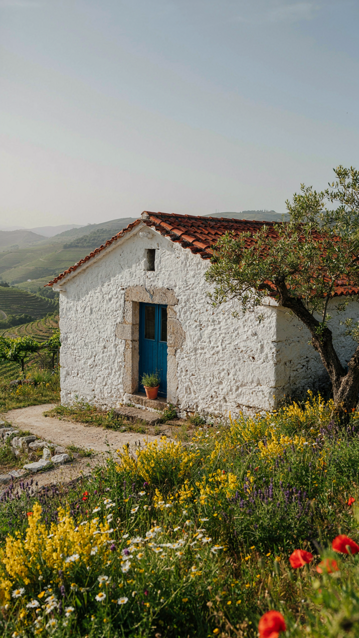 A rustic Portuguese mini cottage has thick stone walls and one window.