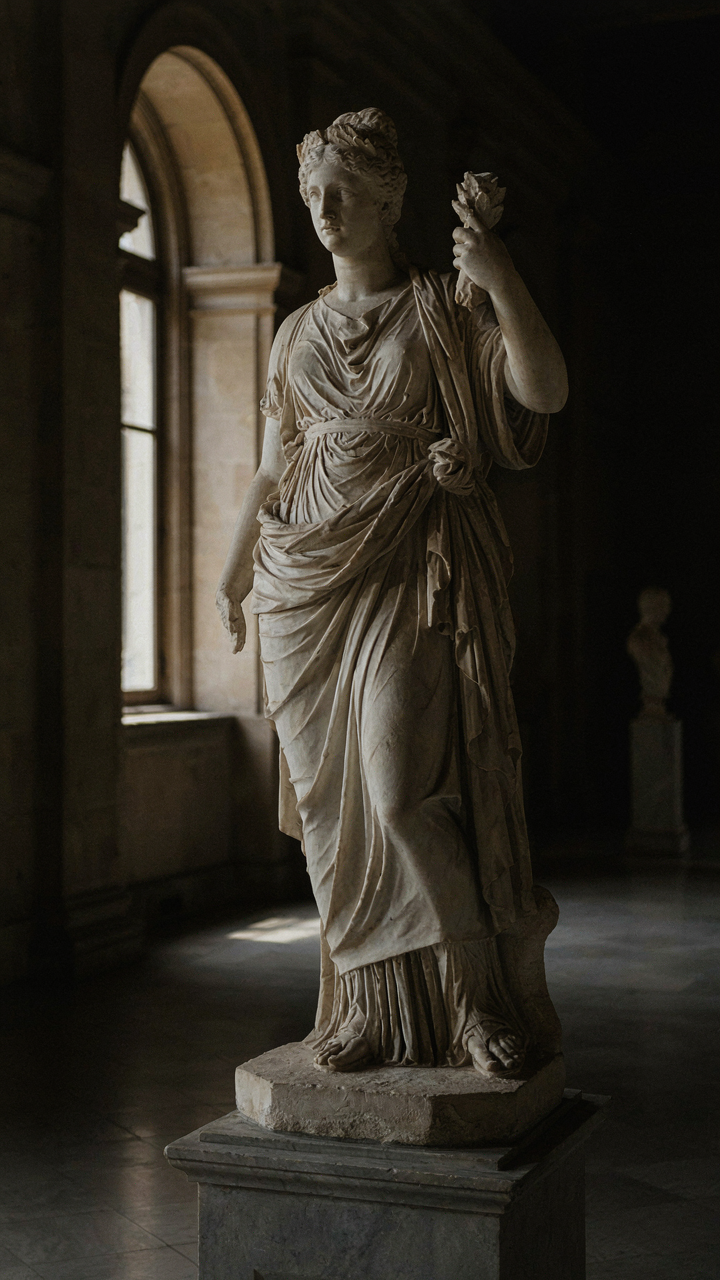 A classical sculpture is lit with strong contrasts of light and shadow.