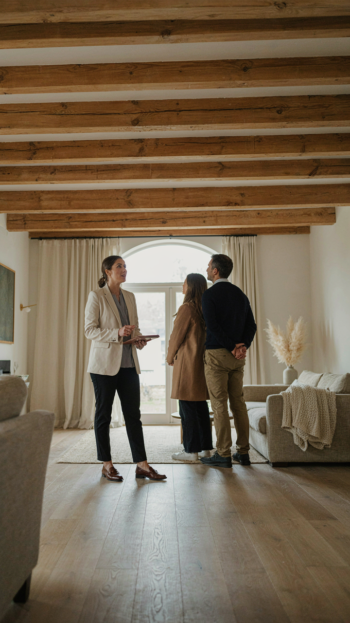 A real estate agent highlighting a wood beam ceiling to home buyers.