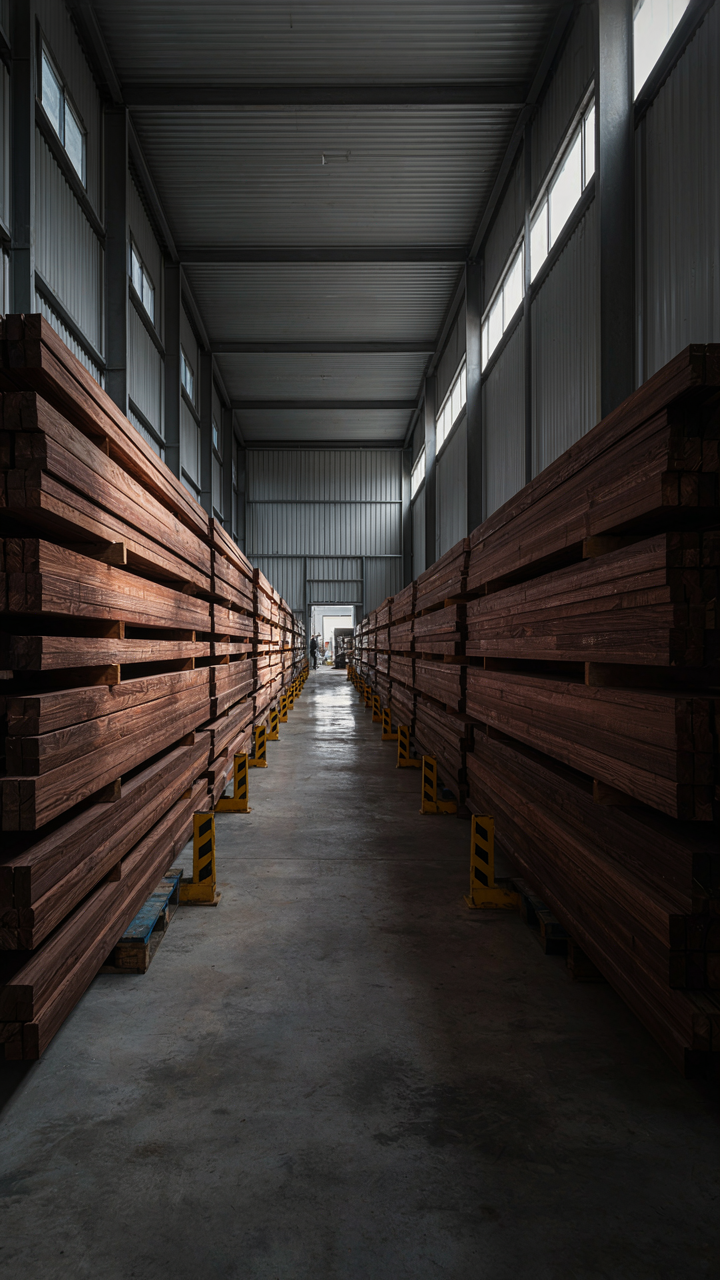 Many identical manufactured faux wood beams are stacked in a warehouse.