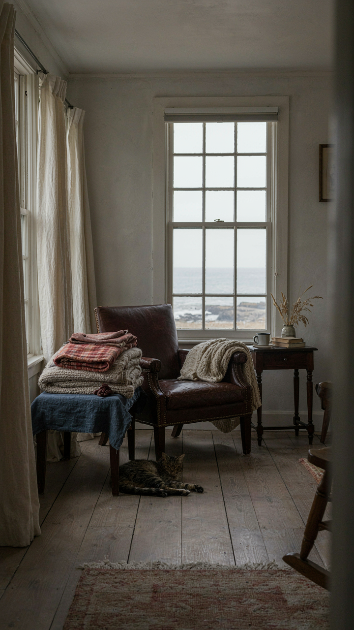 A cozy New England coastal cottage interior with dark wood furniture.