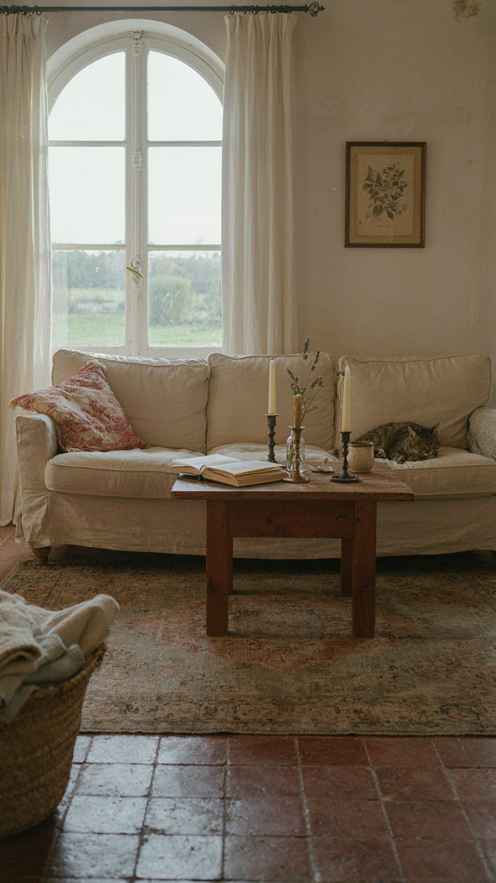 A living room in a French cottage with a toile pillow and brass candlestick.