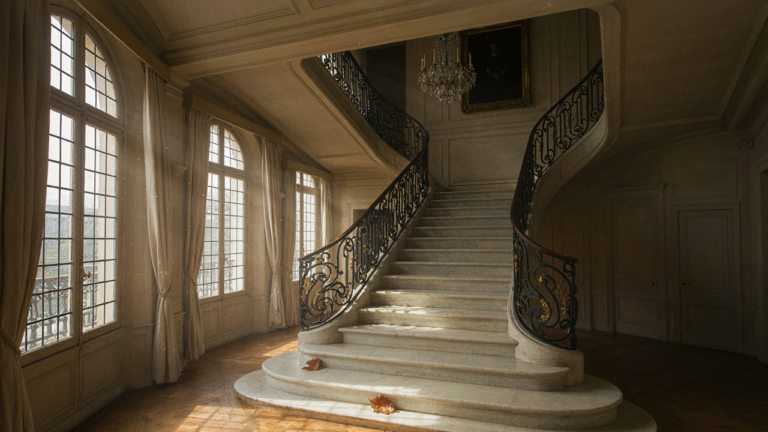 A grand chateau staircase with wide marble steps and an ornate railing.