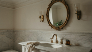Luxurious chateau style bathroom with marble vanity, gold mirror, and elegant brass fixtures.
