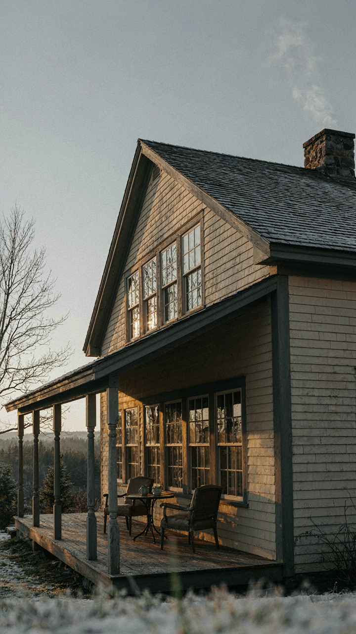 A deep roof overhang on a wraparound porch shades summer sun but allows winter sun.