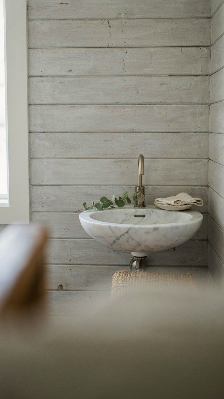 A smooth marble sink against a rough shiplap wall, creating sensory depth.