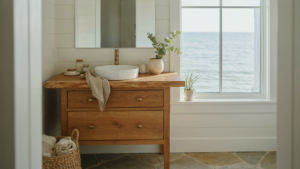 A coastal cottage bathroom with natural wood and ocean views.