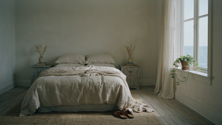 A serene coastal cottage bedroom with linen bedding and a view of the ocean.