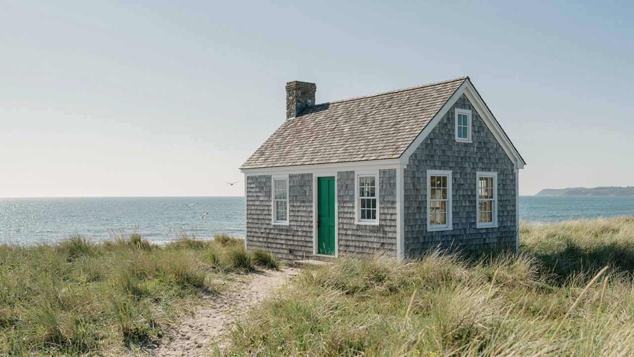 A charming coastal cottage with gray shingles and a green door by the ocean.