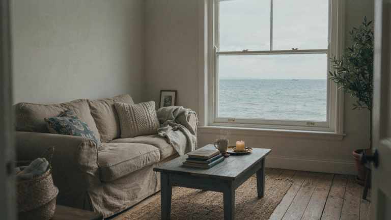 A cozy coastal cottage living room with a linen sofa and ocean view.
