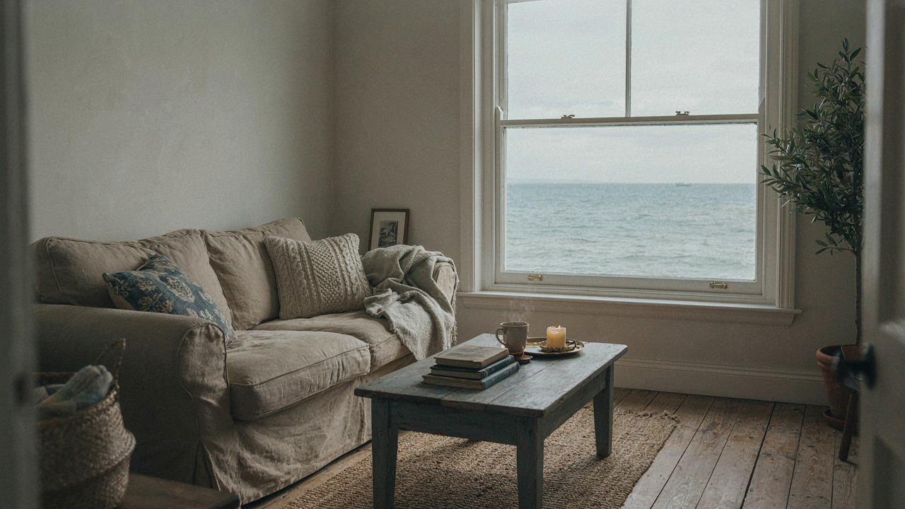 A cozy coastal cottage living room with a linen sofa and ocean view.