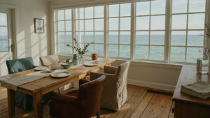 A sunlit coastal cottage dining room with a long wooden table and ocean view.