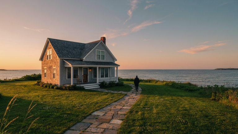 A charming coastal cottage with a soft gray exterior, overlooking the ocean at sunset.