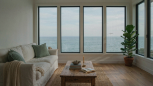 A light-filled coastal cottage living room with a white sofa and ocean views.