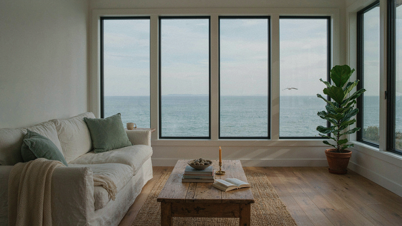 A light-filled coastal cottage living room with a white sofa and ocean views.