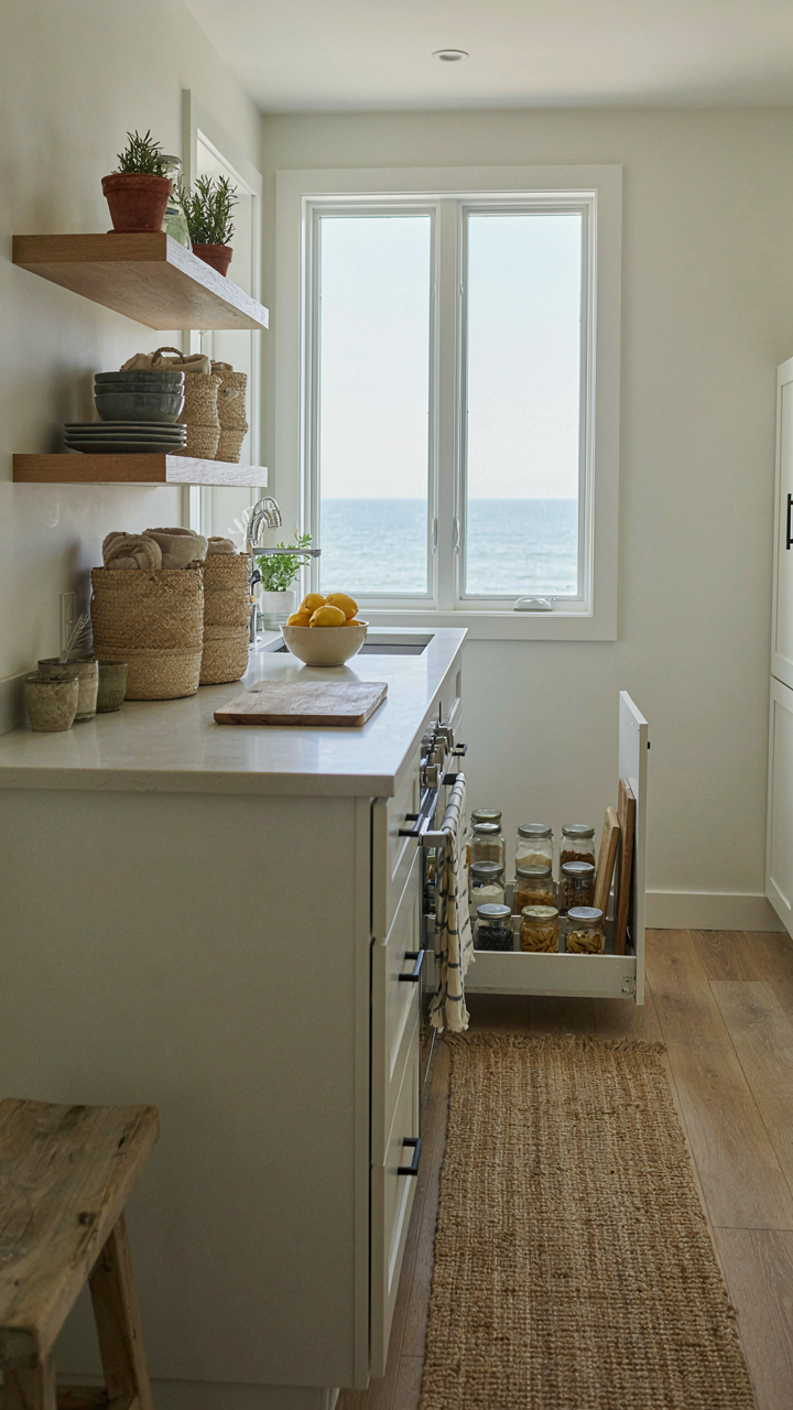 A beach cottage kitchen with open shelving and sand-colored woven baskets.