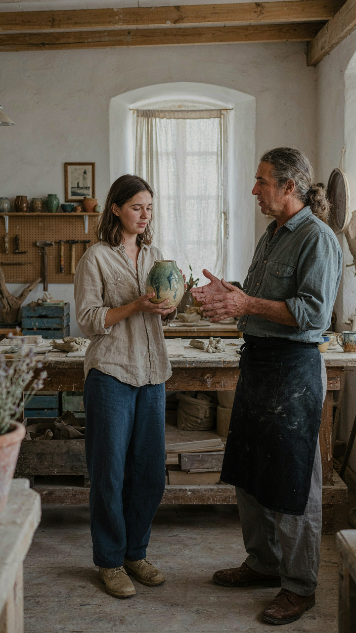 A person holding a handcrafted vase, speaking with an artisan in a workshop.