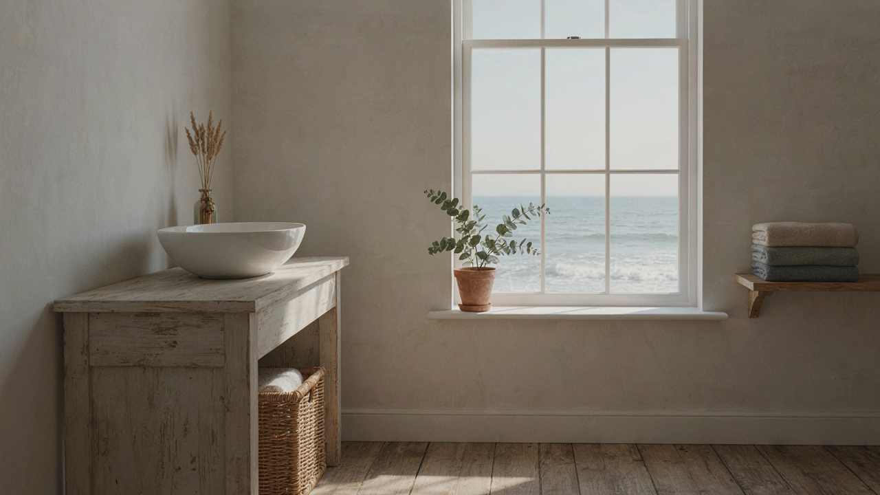 A serene coastal farmhouse bathroom featuring a weathered wood vanity and ocean view.