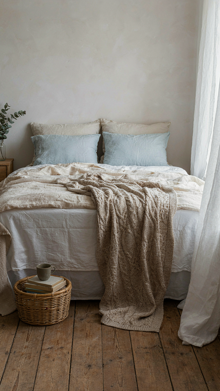 A neatly layered bed in a coastal farmhouse bedroom with various textiles.