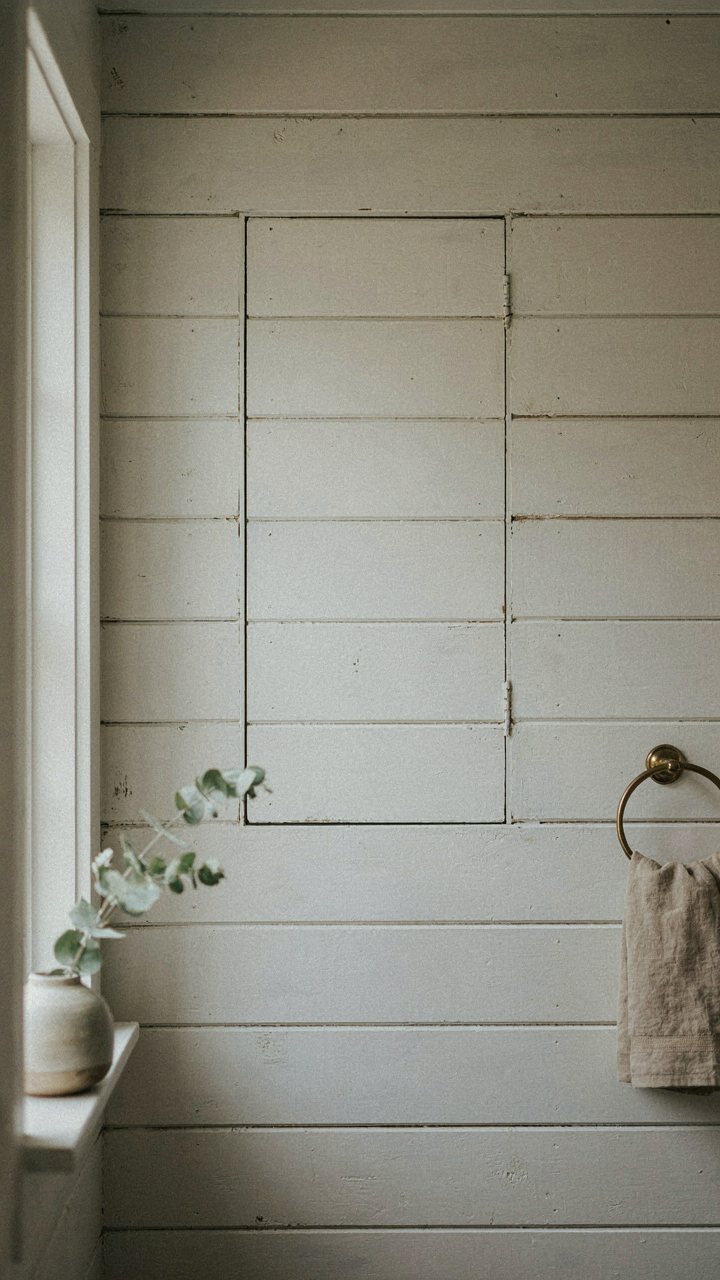 A recessed medicine cabinet is hidden behind a seamless weathered shiplap wall.
