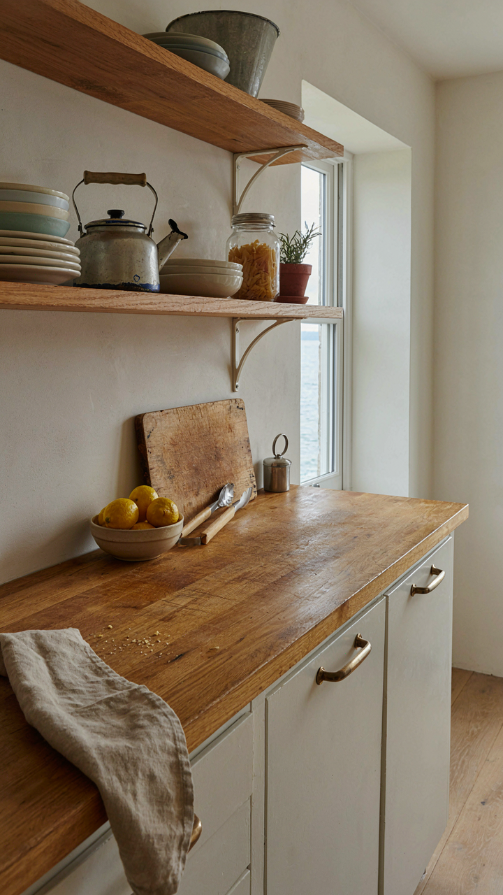 A coastal kitchen with a well-worn wooden countertop and open shelving.