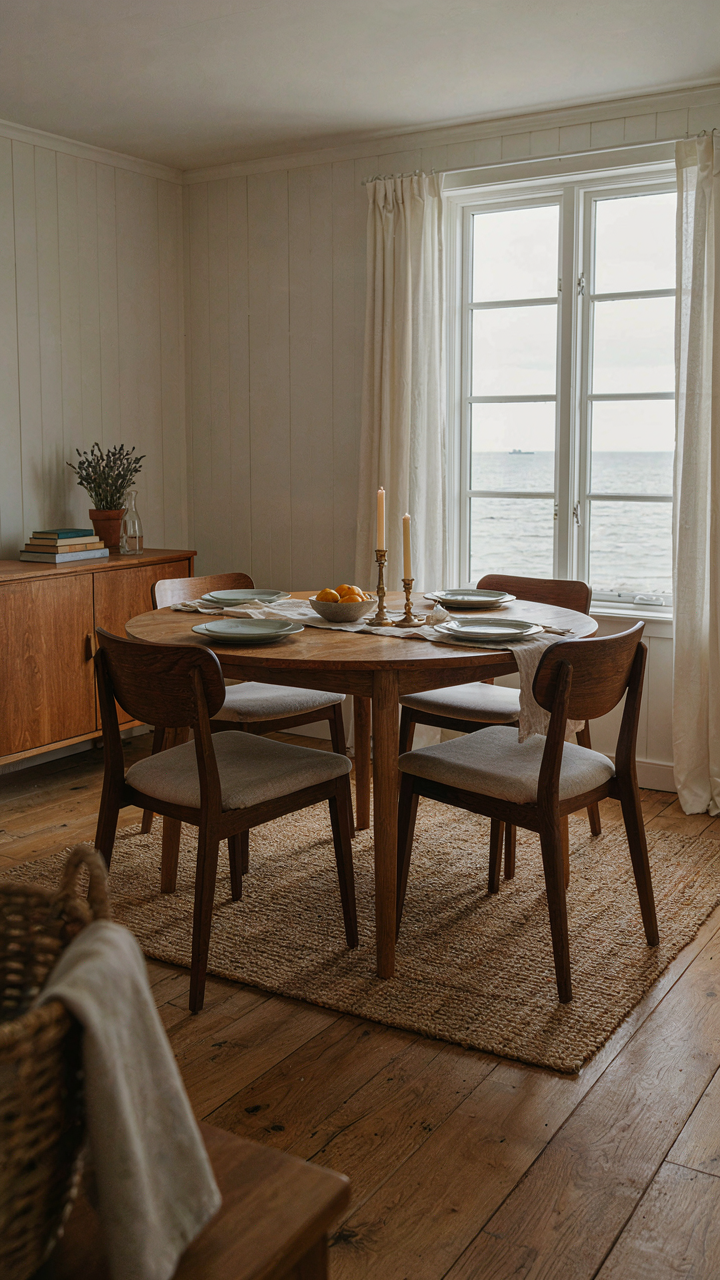An inviting empty round dining table with comfortable chairs.
