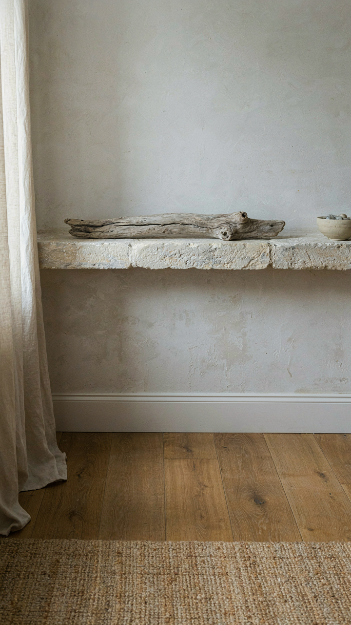 A jute rug, linen drapes, and driftwood on a stone shelf show material depth.