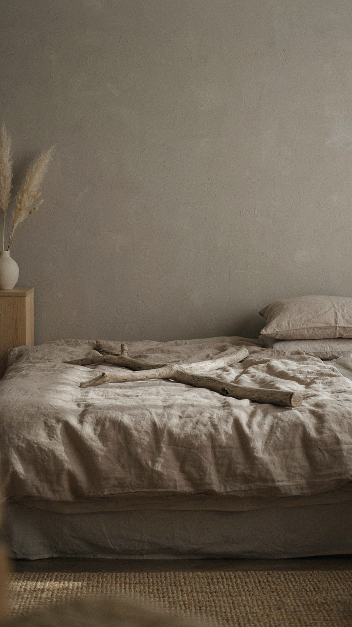 A warm grey painted wall contrasts with soft taupe linen bedding.