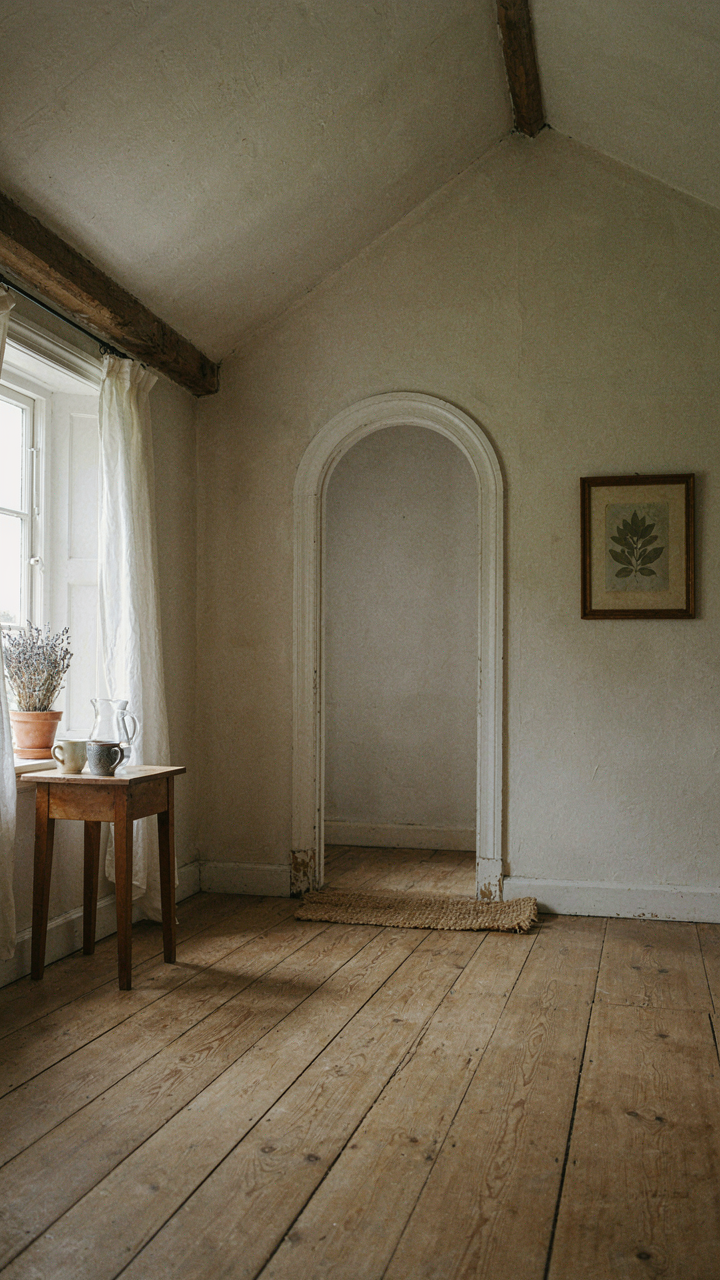 Two rooms in a colonial cottage interior with different ceiling heights and off-center doorways.