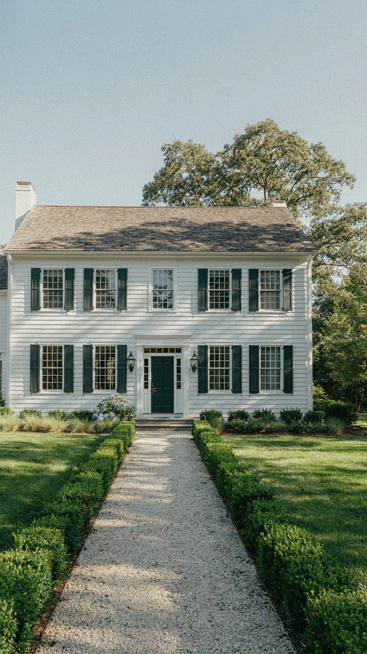 A clear gravel path leads to the front door of a colonial revival house.