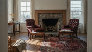 A sun-drenched living room with a large fireplace in a colonial house, showing symmetrical design.