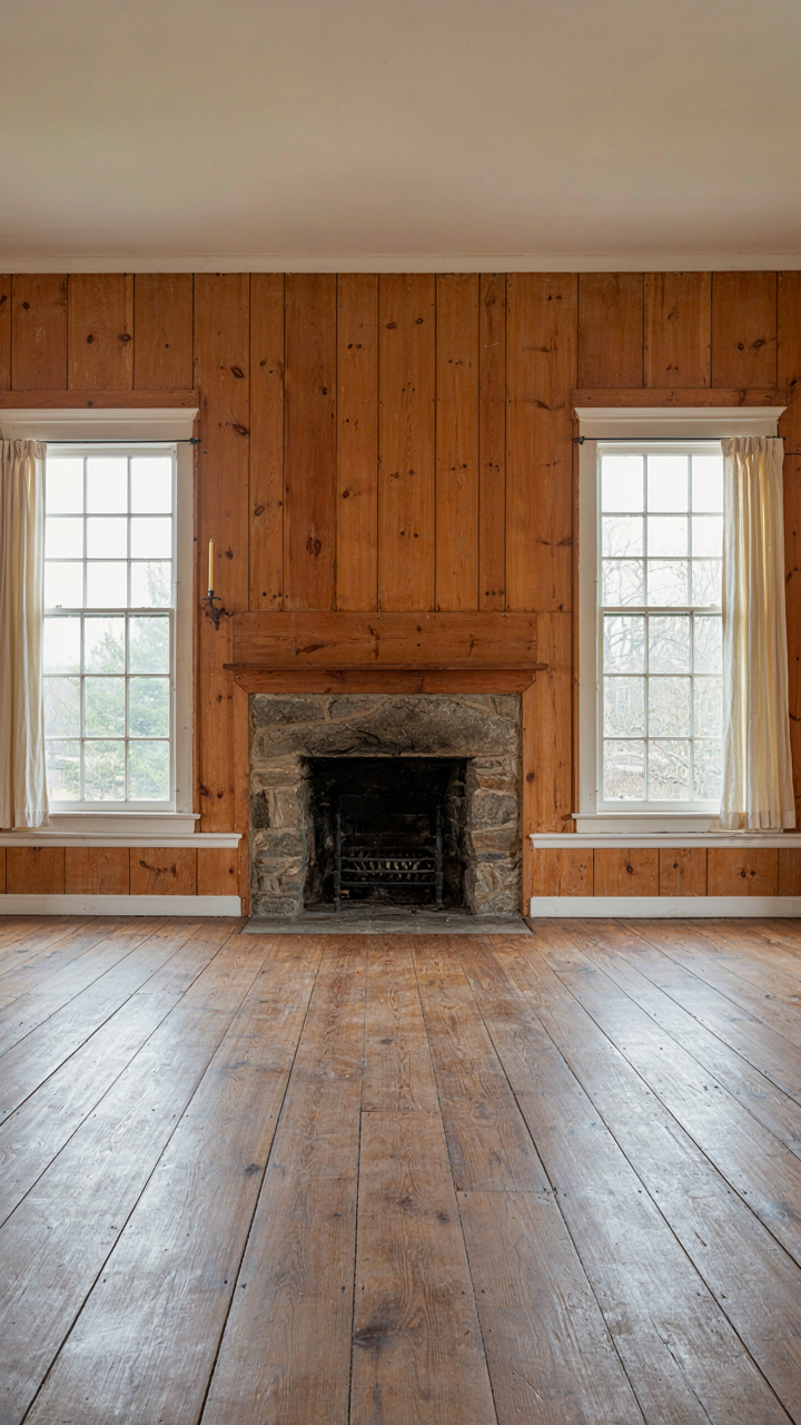 An unfurnished room in a colonial house interior with a central fireplace and matched windows.