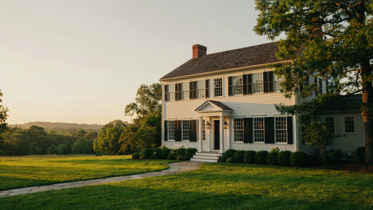 Grand colonial revival house exterior at sunset with a well-kept lawn.