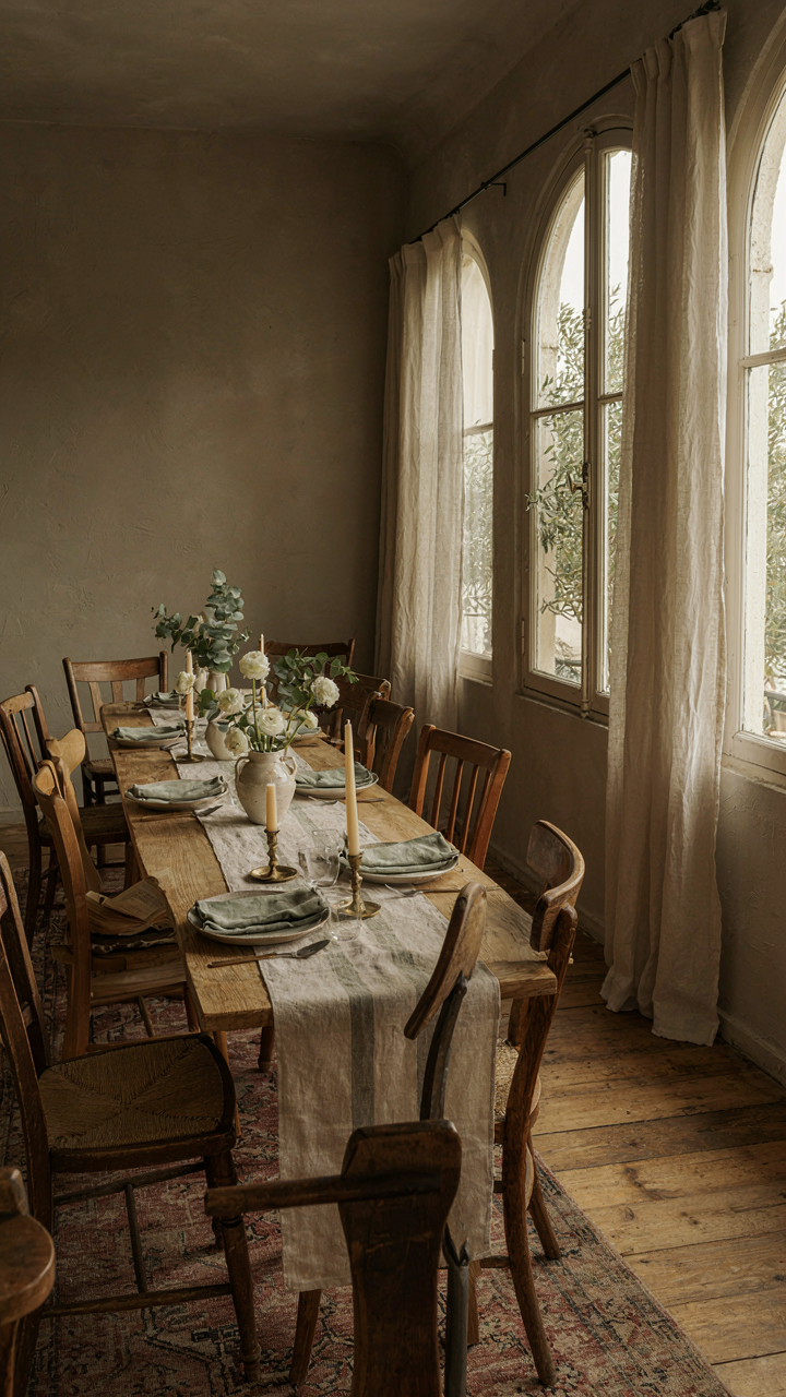 A serene french country dining room with muted taupe walls and a sage linen runner.