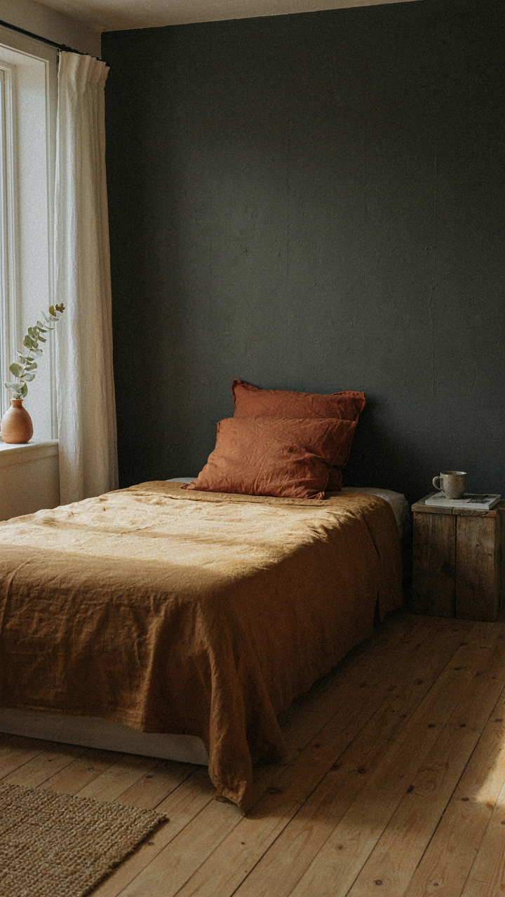 A cozy cabin bedroom with a charcoal accent wall, rust pillows, and ochre bedding.