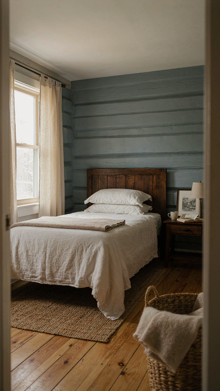 A log cabin bedroom with blue walls and a dark wooden headboard.