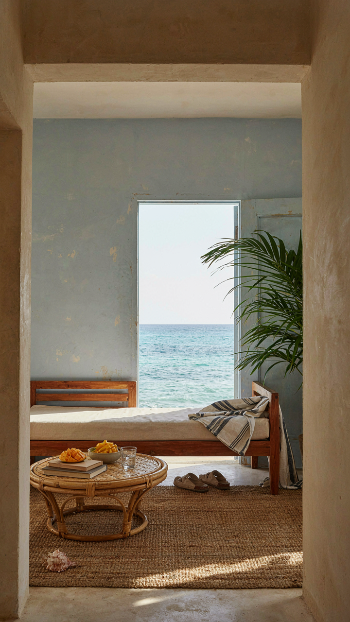 A beach bungalow living room with a pale blue accent wall.