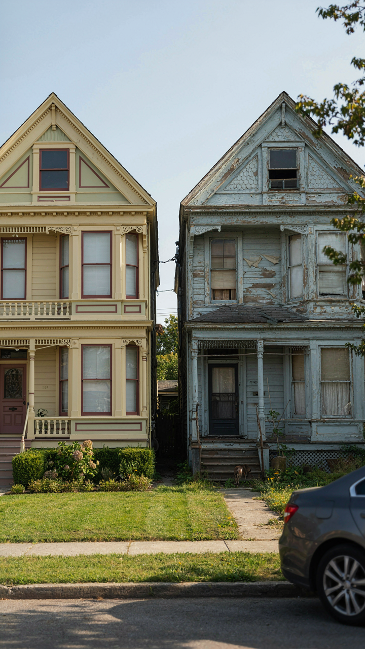 A well-maintained painted lady house next to one with peeling paint, showing value differences.