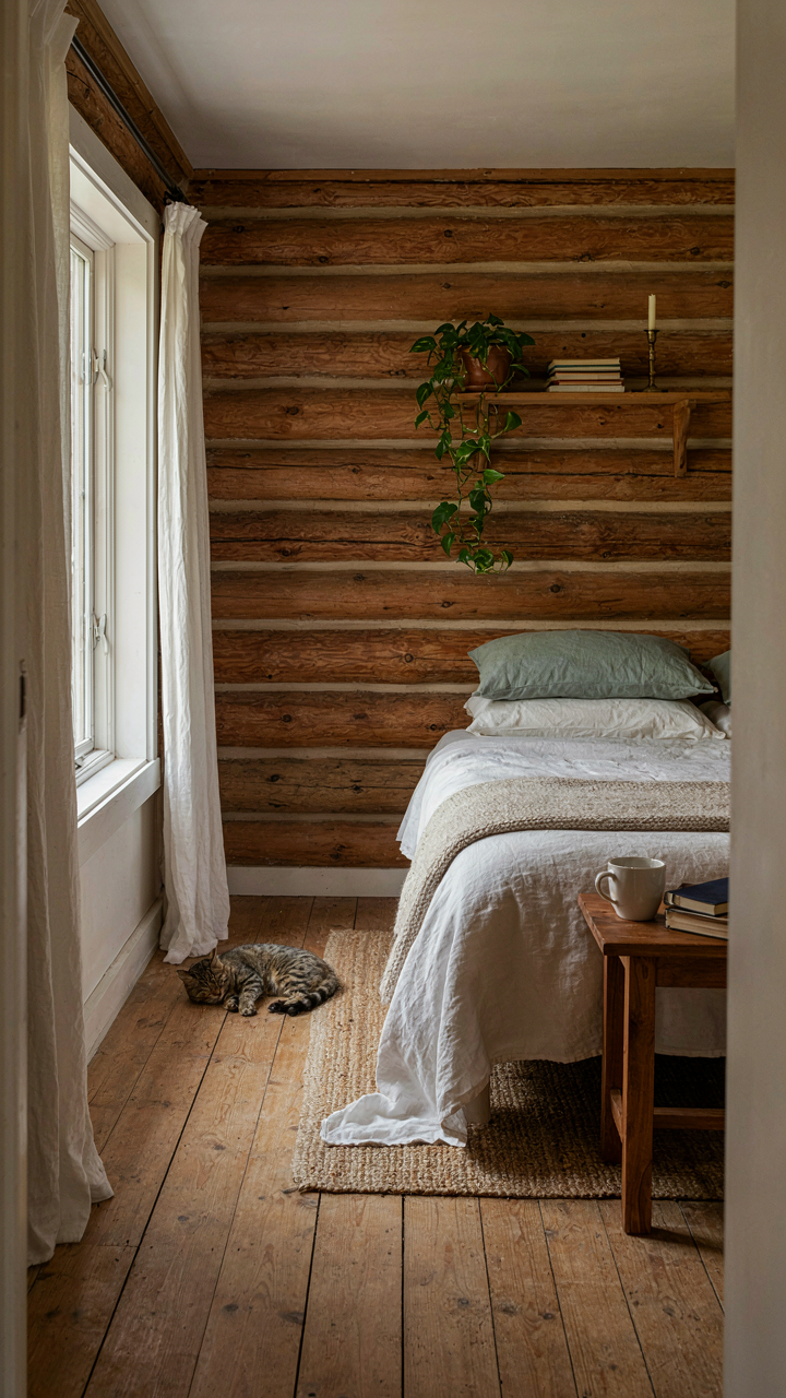 A small log cabin bedroom with a full-size bed and a wall-mounted shelf.