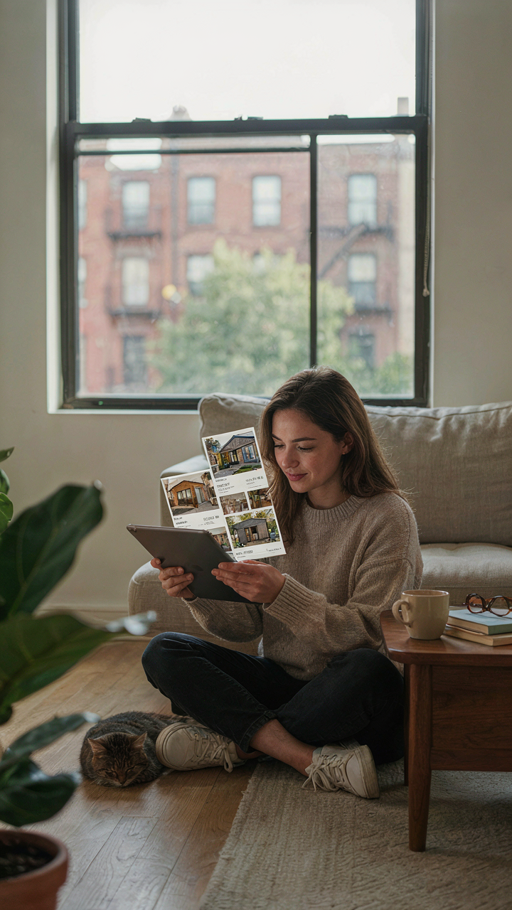 A person looks at guest house rental listings on a tablet in an urban setting.