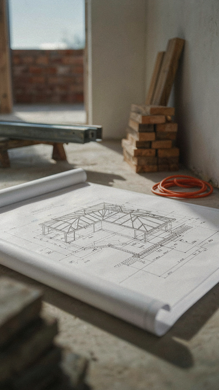 A blueprint shows structural details for a conservatory, with building materials behind it.