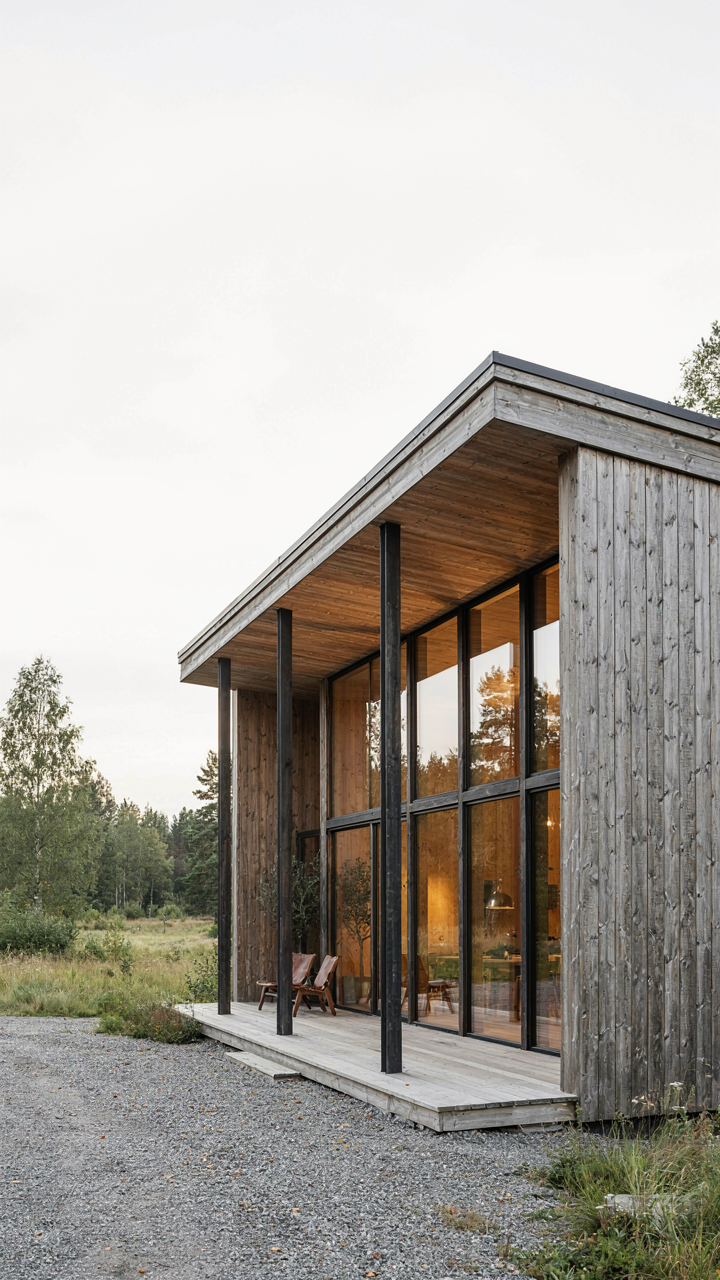 A modern barn house with exposed steel columns and larch wood cladding.
