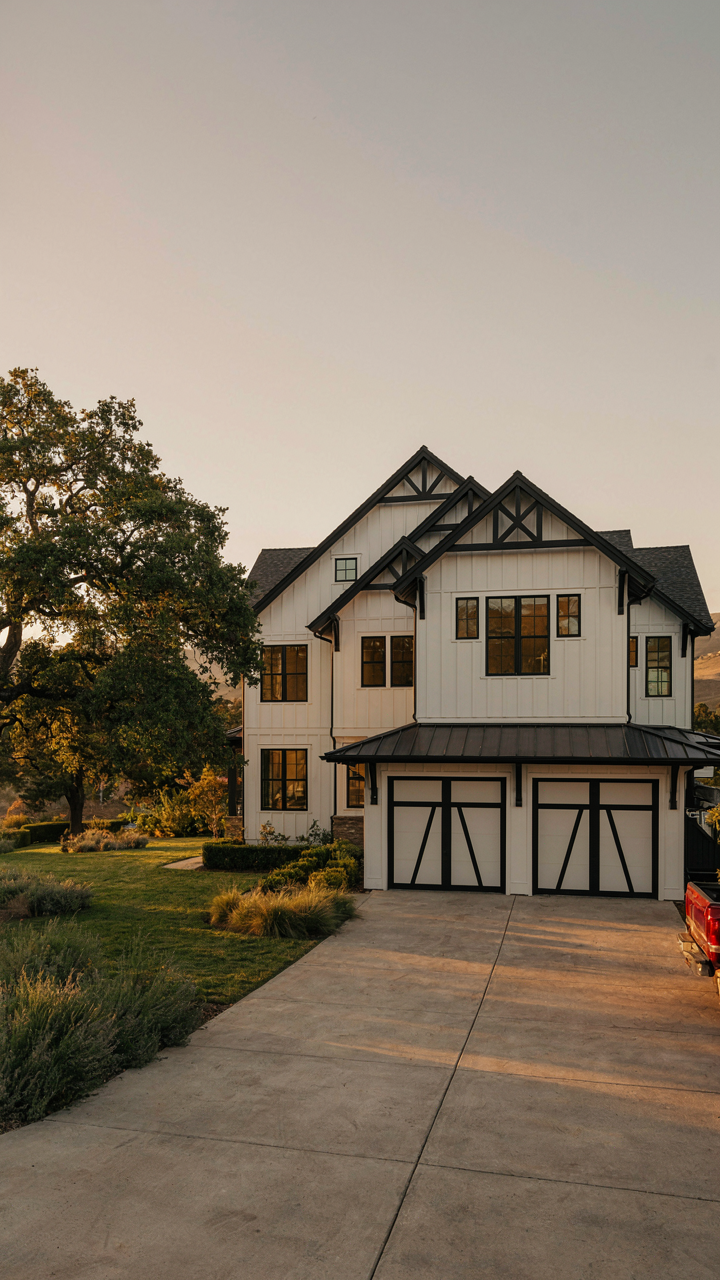 A craftsman farmhouse garage matches the house with window patterns.