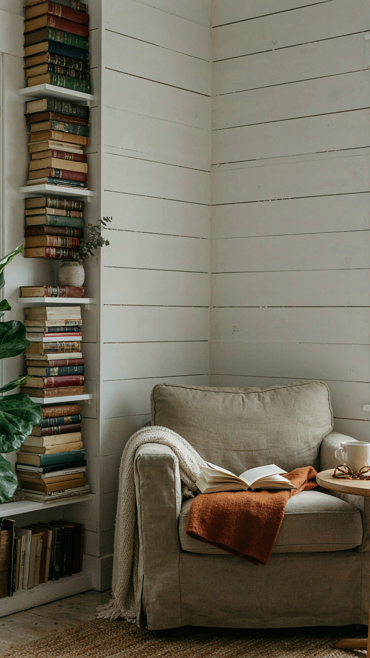 Cozy reading nook with shiplap walls framing the corner space.