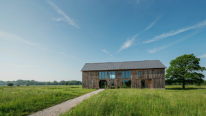 A beautiful converted barn home combines old timber with new glass in a green field.