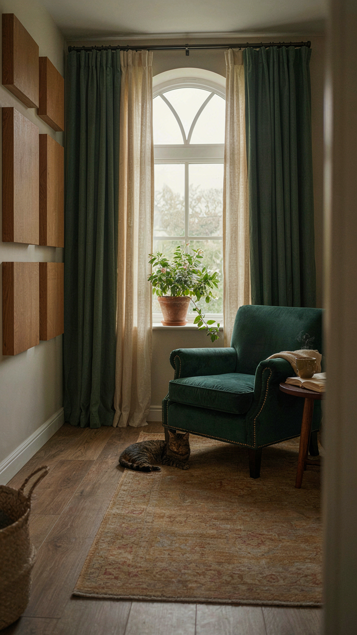 A quiet sunroom with sound-absorbing curtains, a rug, and a jasmine plant.