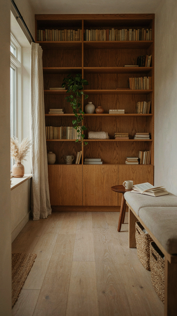An adu cottage living space with custom built-in shelving and natural wood finishes.