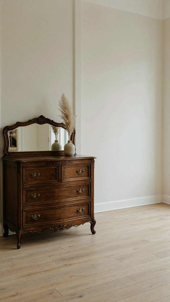 A single ornate antique dresser is the focal point in a simple room.