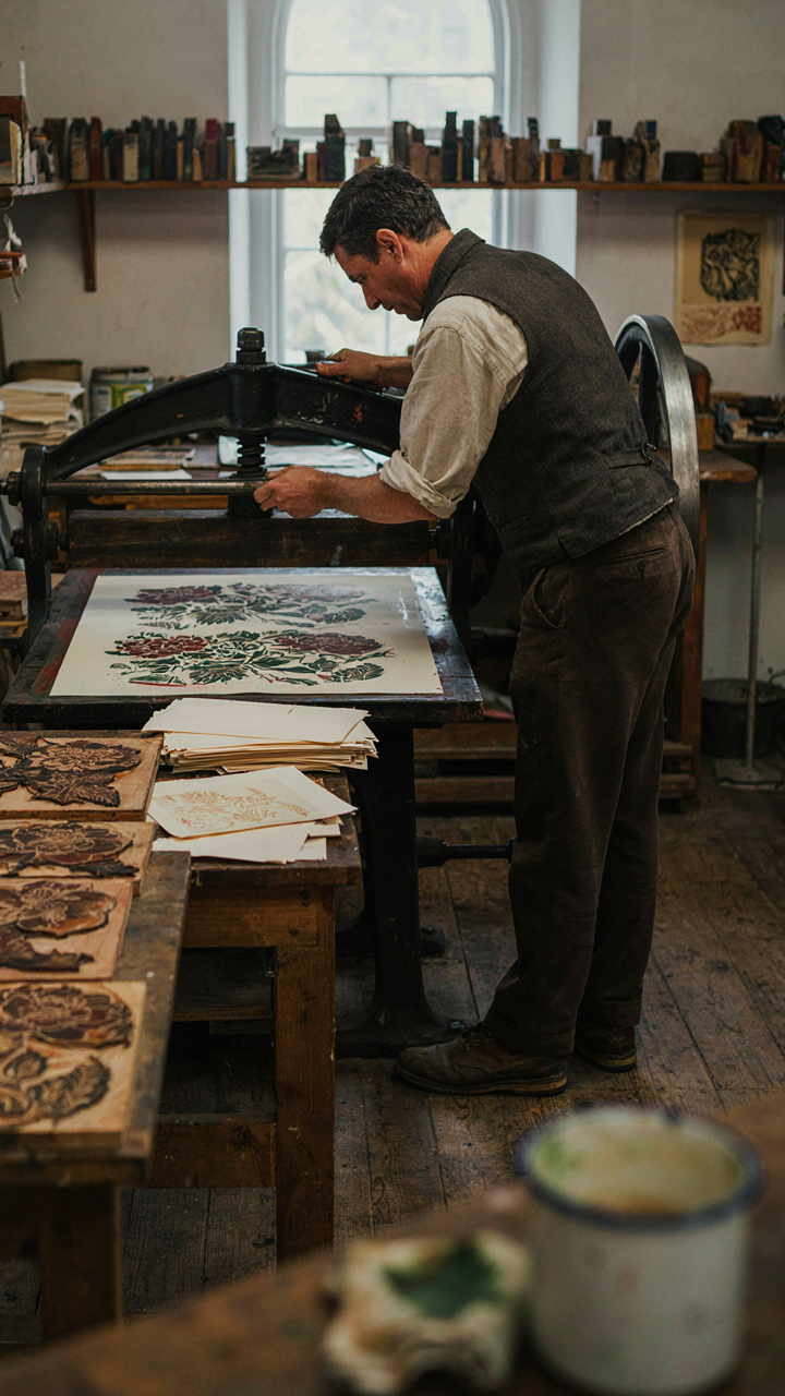 A craftsman hand-blocking a dense floral pattern onto paper with a vintage printing press.