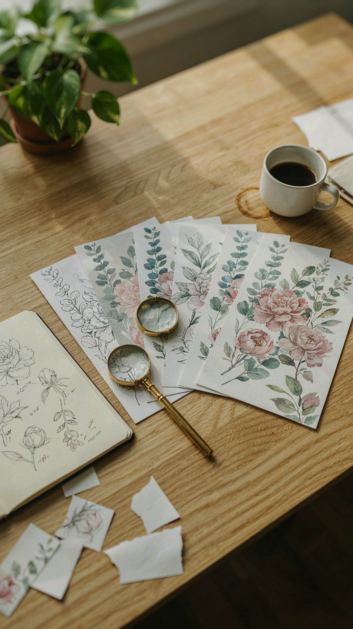A designer's desk with many rejected floral pattern swatches.